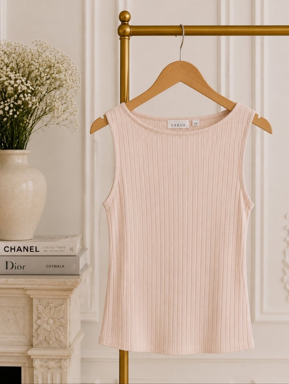 Cyrus Ribbed Sleeveless Knit Tank Top – Beige XS